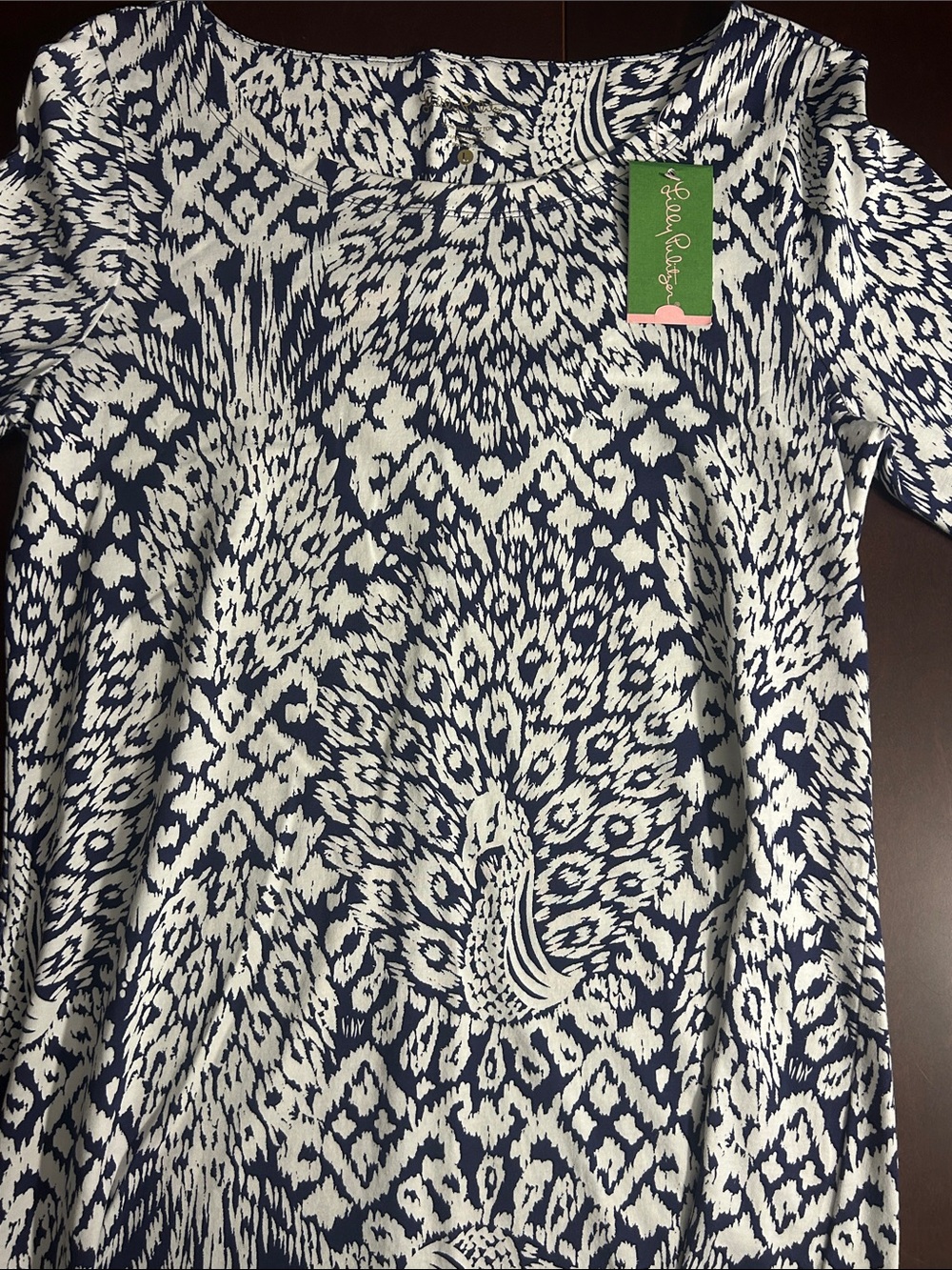 NWT Lilly Pulitzer Pima Cotton Peacock Print Dress Navy Teal Size L